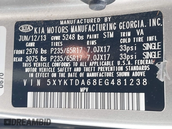 2014 Kia Sorento LX with VIN 5XYKTDA68EG481238, listed as a IAAI auction lot 42055425 with 106,248 mi miles. Bid and sale history available at carsss.com. Image 9.