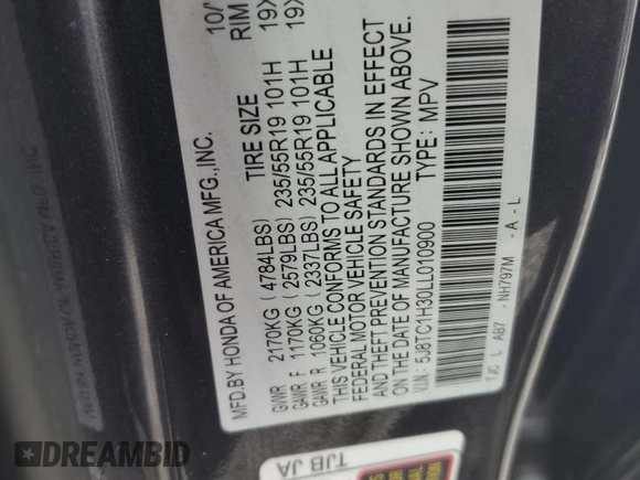 2020 Acura RDX with VIN 5J8TC1H30LL010900, listed as a Copart auction lot 80543154 with 39,572 mi miles and Salvage title. Bid and sale history available at DreamBid. Image 13.
