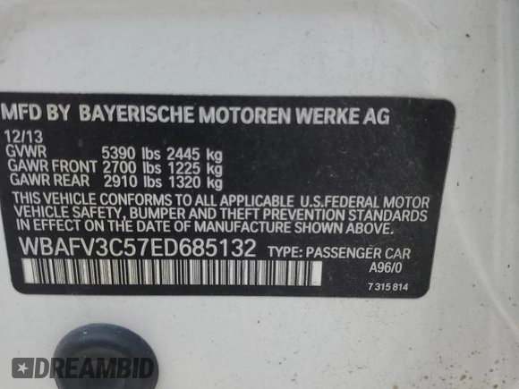 2014 BMW 5 Series 535d xDrive with VIN WBAFV3C57ED685132, listed as a Copart auction lot 60413005 with 94,355 mi miles and Salvage title. Bid and sale history available at DreamBid. Image 12.