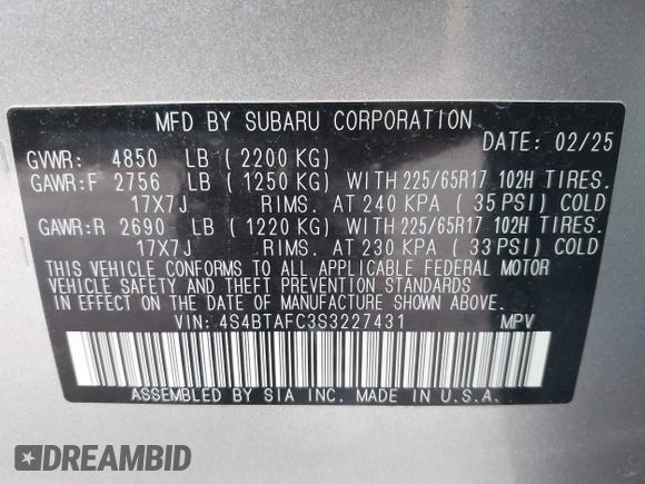 2025 Subaru Outback Premium with VIN 4S4BTAFC3S3227431, listed as a IAAI auction lot 42219943 with 2,375 mi miles and . Bid and sale history available at DreamBid. Image 9.