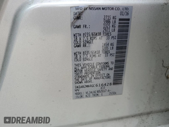 2016 Nissan Pathfinder S with VIN 5N1AR2MN4GC616428, listed as a Copart auction lot 63528025 with 92,974 mi miles and Salvage title. Bid and sale history available at DreamBid. Image 14.