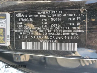 2016 Kia Optima SXL Turbo with VIN 5XXGV4L2XGG049980, listed as a Copart auction lot 43085085 with Not Provided miles and Salvage Title. Bid and sale history available at carsss.com. Image 13.