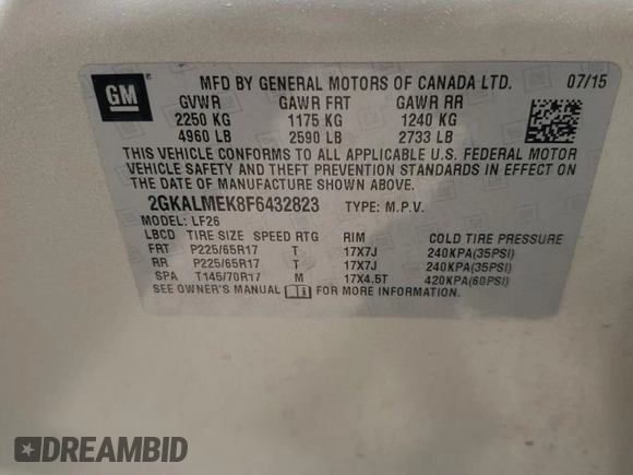 2015 GMC Terrain SLE with VIN 2GKALMEK8F6432823, listed as a Copart auction lot 54624485 with 109,523 mi miles and Salvage title. Bid and sale history available at DreamBid. Image 14.