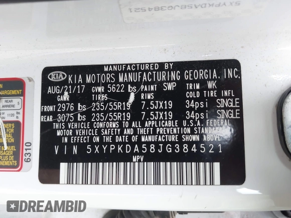 2018 Kia Sorento SX Limited with VIN 5XYPKDA58JG384521, listed as a IAAI auction lot 41903823 with Not provided miles and . Bid and sale history available at DreamBid. Image 9.