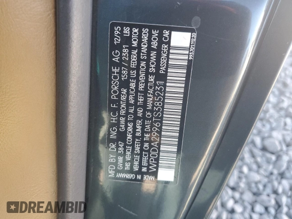1996 Porsche 911 with VIN WP0DA2996TS385231, listed as a Copart auction lot 83699964 with 60,492 mi miles and Salvage title. Bid and sale history available at DreamBid. Image 12.
