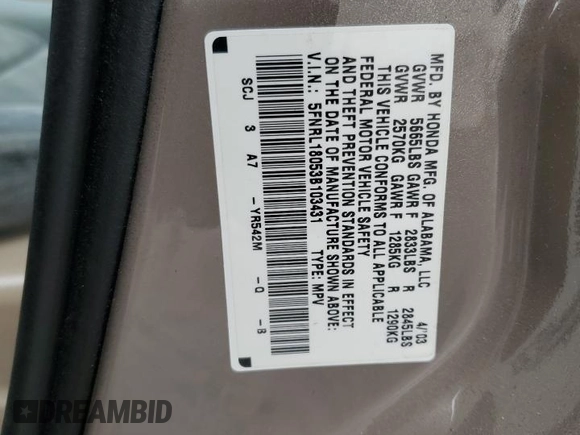 2003 Honda Odyssey EX-L z VIN 5FNRL18053B103431, wystawiony jako Copart lot #52580715 z przebiegiem Nie podano mil oraz Szkoda całkowita • Salvage title. Historia ofert i sprzedaży dostępna na DreamBid. Obrazek 13.