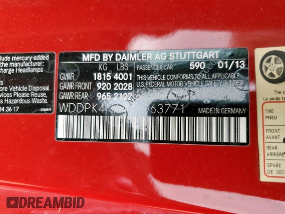 2013 Mercedes-Benz SLK 250 with VIN WDDPK4HA4DF063771, listed as a Copart auction lot 55578295 with 64,339 mi miles and Salvage title. Bid and sale history available at DreamBid. Image 12.
