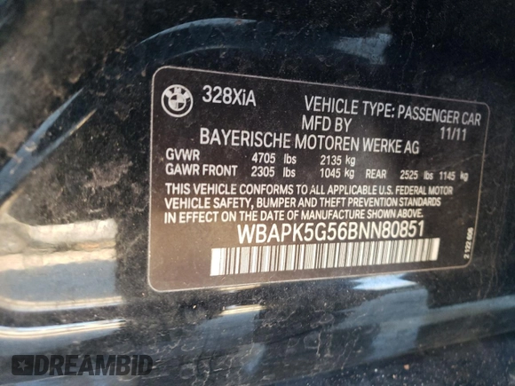 2011 BMW 3 Series 328i xDrive with VIN WBAPK5G56BNN80851, listed as a Copart auction lot 45926165 with 54,146 mi miles and Salvage Title. Bid and sale history available at carsss.com. Image 12.