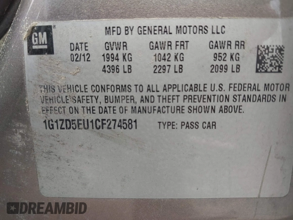 2012 Chevrolet Malibu 2LT with VIN 1G1ZD5EU1CF274581, listed as a IAAI auction lot 42112927 with 184,079 mi miles and . Bid and sale history available at DreamBid. Image 9.