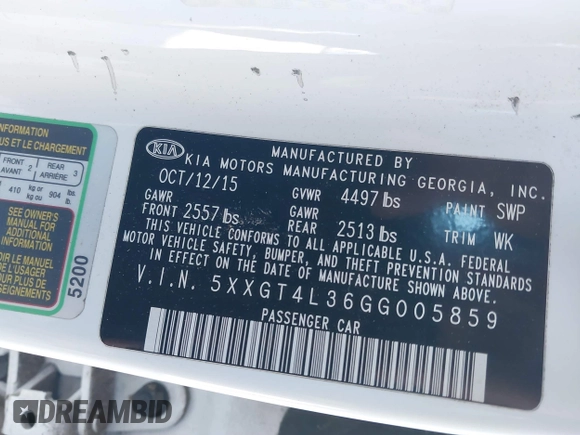 2016 Kia Optima LX with VIN 5XXGT4L36GG005859, listed as a IAAI auction lot 41053277 with 127,783 mi miles. Bid and sale history available at carsss.com. Image 9.