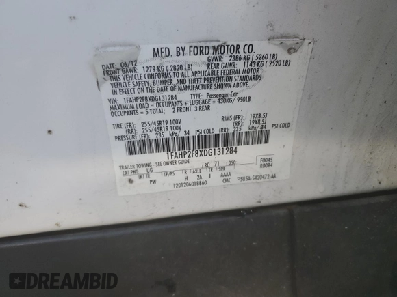 2013 Ford Taurus Limited with VIN 1FAHP2F8XDG131284, listed as a Copart auction lot 42856884 with 180,709 mi miles and Clean Title. Bid and sale history available at carsss.com. Image 12.