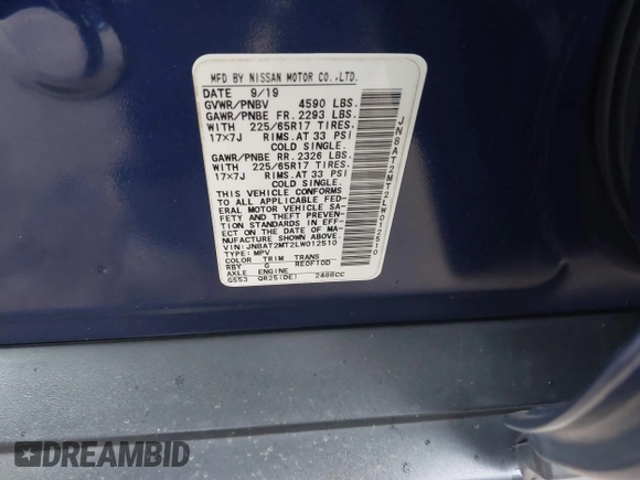 2020 Nissan Rogue S with VIN JN8AT2MT2LW012510, listed as a IAAI auction lot 41153500 with 100,821 mi miles and . Bid and sale history available at DreamBid. Image 9.
