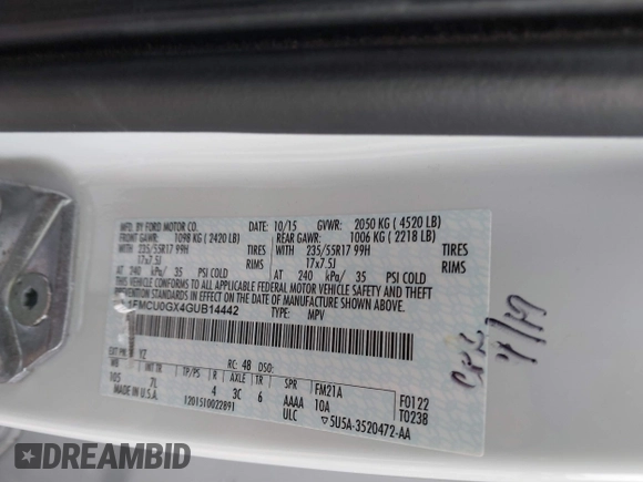 2016 Ford Escape SE with VIN 1FMCU0GX4GUB14442, listed as a IAAI auction lot 41826908 with Not Provided miles and . Bid and sale history available at carsss.com. Image 9.