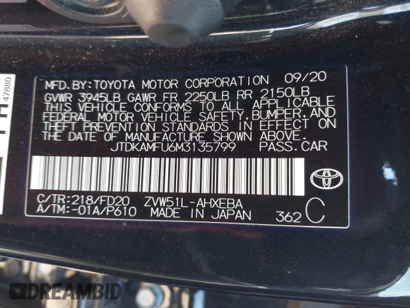 2021 Toyota Prius L Eco with VIN JTDKAMFU6M3135799, listed as a IAAI auction lot 42064241 with 77,120 mi miles and . Bid and sale history available at DreamBid. Image 9.