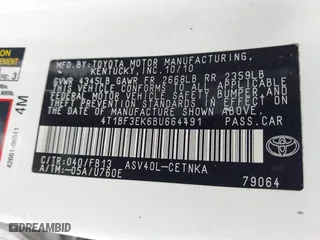 2011 Toyota Camry LE with VIN 4T1BF3EK6BU664491, listed as a IAAI auction lot 42080450 with 247,442 mi miles. Bid and sale history available at carsss.com. Image 9.