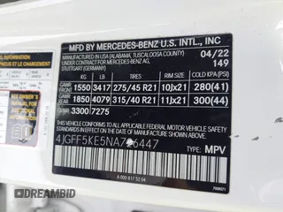 2022 Mercedes-Benz GLS with VIN 4JGFF5KE5NA726447, listed as a IAAI auction lot 41364964 with 54,001 mi miles. Bid and sale history available at carsss.com. Image 9.