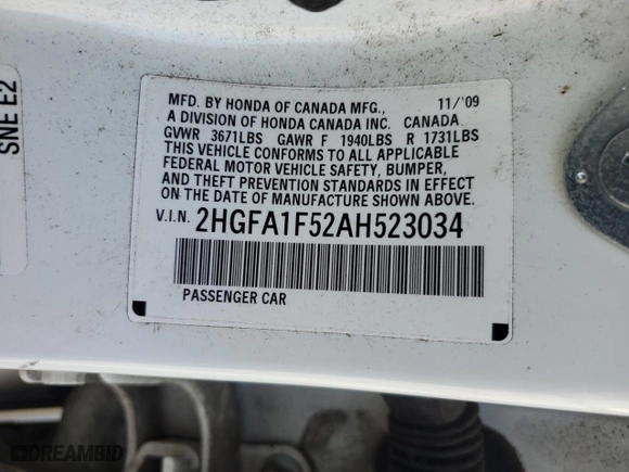 2010 Honda Civic Sdn LX with VIN 2HGFA1F52AH523034, listed as a Copart auction lot 51057415 with 103,892 mi miles and Salvage Title. Bid and sale history available at carsss.com. Image 13.