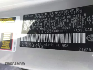 2010 Toyota Camry with VIN 4T4BF3EK5AR083939, listed as a IAAI auction lot 41882869 with 124,405 mi miles and . Bid and sale history available at DreamBid. Image 9.