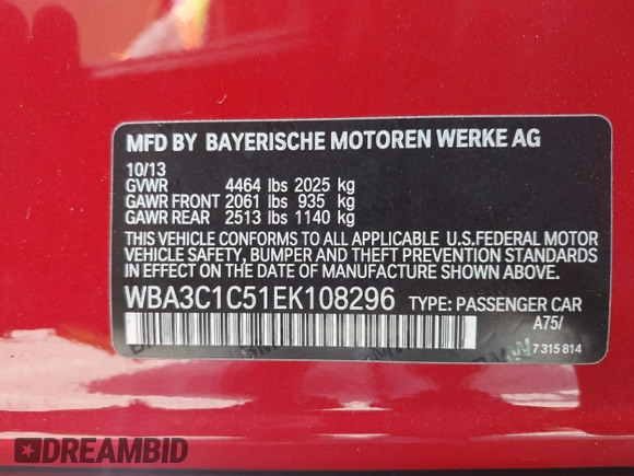 2014 BMW 3 Series 328i with VIN WBA3C1C51EK108296, listed as a IAAI auction lot 41925720 with 37,449 mi miles. Bid and sale history available at carsss.com. Image 9.