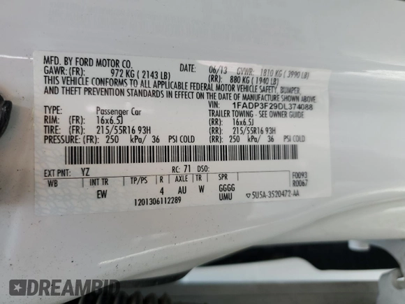 2013 Ford Focus SE z VIN 1FADP3F29DL374088, wystawiony jako Copart lot #59585135 z przebiegiem 74 997 mil mil oraz Szkoda całkowita • Salvage title. Historia ofert i sprzedaży dostępna na DreamBid. Obrazek 12.