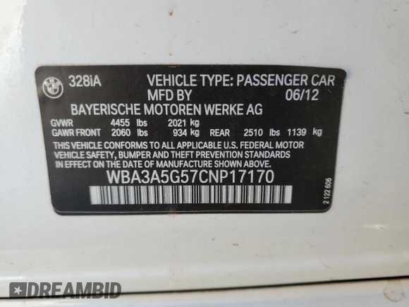2012 BMW 3 Series 328i with VIN WBA3A5G57CNP17170, listed as a Copart auction lot 86886664 with 138,743 mi miles and Salvage Title. Bid and sale history available at carsss.com. Image 13.