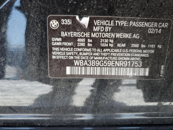 2014 BMW 3 Series 335i xDrive with VIN WBA3B9G59ENR91753, listed as a Copart auction lot 46066775 with 63,992 mi miles and Salvage Title. Bid and sale history available at carsss.com. Image 14.
