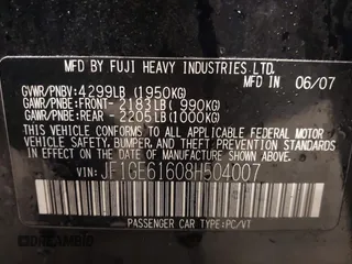 2008 Subaru Impreza Sedan (Natl) i with VIN JF1GE61608H504007, listed as a IAAI auction lot 41189920 with 200,576 mi miles. Bid and sale history available at carsss.com. Image 9.
