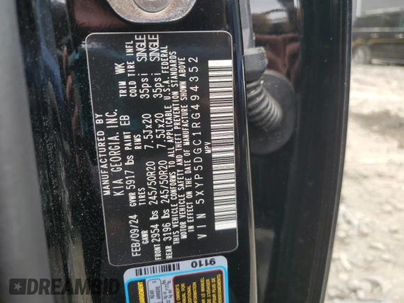 2024 Kia Telluride SX X-Line with VIN 5XYP5DGC1RG494352, listed as a Copart auction lot 58260515 with 25,538 mi miles and Salvage title. Bid and sale history available at DreamBid. Image 13.