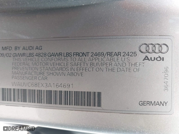 2003 Audi A4 1.8T with VIN WAUVC68EX3A164691, listed as a IAAI auction lot 41945723 with 146,086 mi miles. Bid and sale history available at carsss.com. Image 9.