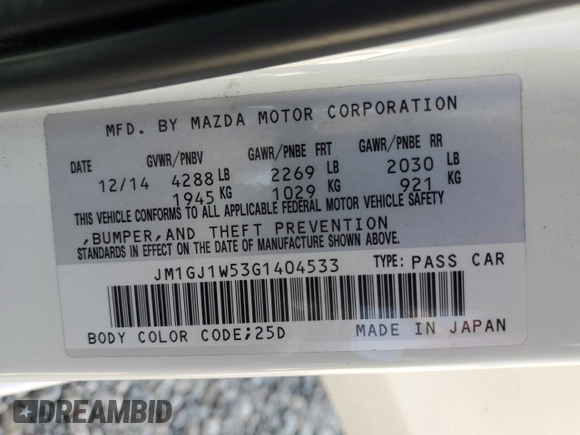 2016 Mazda 6 i Grand Touring с VIN JM1GJ1W53G1404533, выставлен на аукционе Copart как лот 46860575 с пробегом 94 105 миль миль и Списание • Salvage title. История ставок и продаж доступна на DreamBid. Изображение 15.