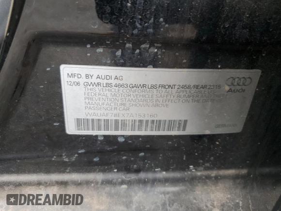 2007 Audi A4 2.0T with VIN WAUAF78EX7A153160, listed as a Copart auction lot 69933174 with 162,252 mi miles and Salvage Title. Bid and sale history available at carsss.com. Image 12.