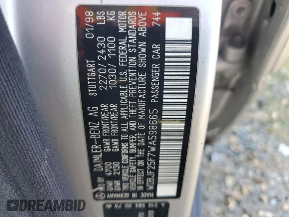 1998 Mercedes-Benz E 320 with VIN WDBJF25F7WA598665, listed as a Copart auction lot 83581624 with 131,537 mi miles and Clean Title. Bid and sale history available at DreamBid. Image 12.