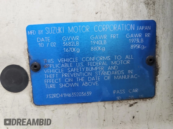 2003 Suzuki Aerio SX with VIN JS2RD41H635203639, listed as a Copart auction lot 50309015 with Not Provided miles and Salvage Title. Bid and sale history available at DreamBid. Image 15.