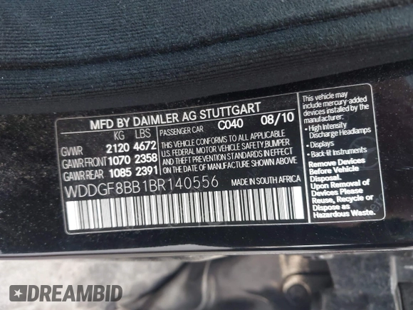 2011 Mercedes-Benz C 300 Sport with VIN WDDGF8BB1BR140556, listed as a IAAI auction lot 42036758 with 169,491 mi miles and . Bid and sale history available at DreamBid. Image 9.