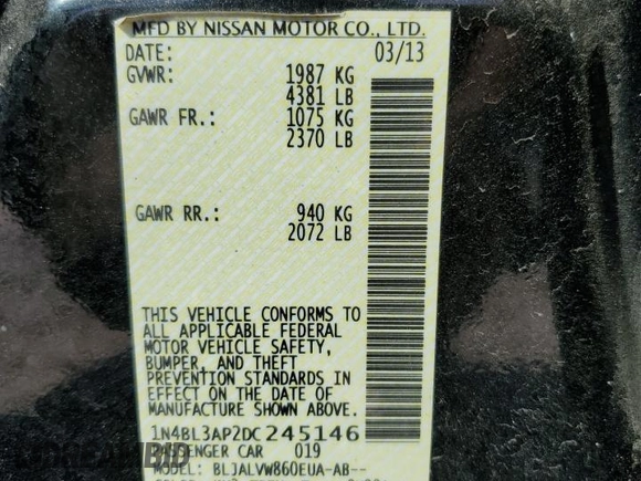 2013 Nissan Altima SL z VIN 1N4BL3AP2DC245146, wystawiony jako Copart lot #54586235 z przebiegiem 235 526 mil mil oraz Szkoda całkowita • Salvage title. Historia ofert i sprzedaży dostępna na DreamBid. Obrazek 12.
