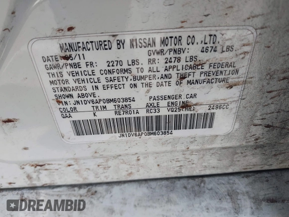 2011 Infiniti G25 with VIN JN1DV6AP0BM603854, listed as a IAAI auction lot 42759576 with 264,705 mi miles and . Bid and sale history available at DreamBid. Image 9.
