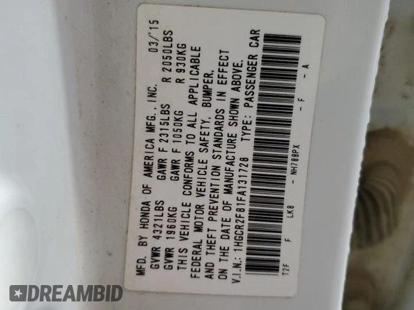2015 Honda Accord EX-L z VIN 1HGCR2F81FA131728, wystawiony jako Copart lot #57579225 z przebiegiem 168 634 mil mil oraz Szkoda całkowita • Salvage title. Historia ofert i sprzedaży dostępna na DreamBid. Obrazek 13.