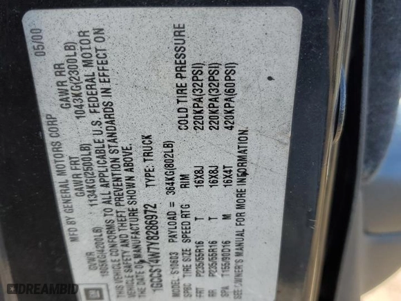 2000 Chevrolet S-10 LS with VIN 1GCCS14W7Y8286972, listed as a Copart auction lot 84642504 with 200,833 mi miles and Salvage Title. Bid and sale history available at carsss.com. Image 12.