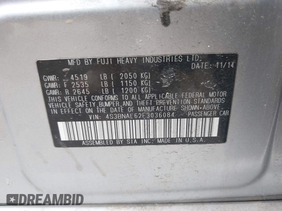 2015 Subaru Legacy 2.5i Limited with VIN 4S3BNAL62F3036084, listed as a IAAI auction lot 41982438 with 79,041 mi miles. Bid and sale history available at carsss.com. Image 9.