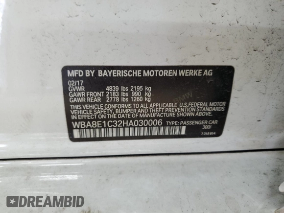 2017 BMW 3 Series 330e iPerformance with VIN WBA8E1C32HA030006, listed as a Copart auction lot 51316795 with 86,293 mi miles and Clean Title. Bid and sale history available at carsss.com. Image 12.