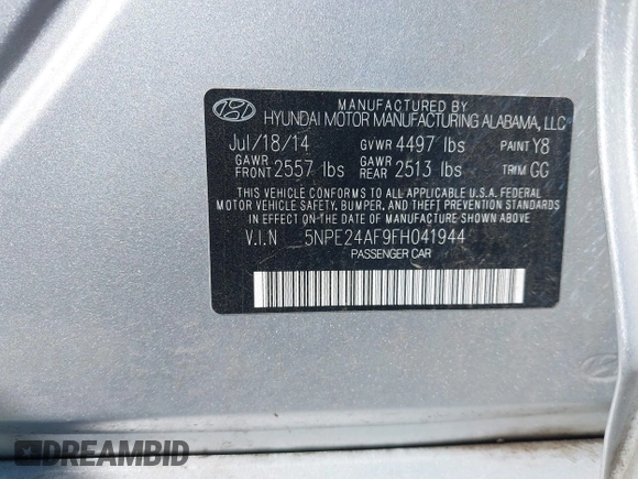 2015 Hyundai Sonata SE with VIN 5NPE24AF9FH041944, listed as a IAAI auction lot 42107263 with 158,270 mi miles and . Bid and sale history available at DreamBid. Image 9.