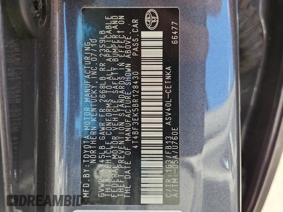 2011 Toyota Camry LE with VIN 4T4BF3EK5BR128430, listed as a Copart auction lot 65249005 with 82,138 mi miles and Salvage title. Bid and sale history available at DreamBid. Image 12.