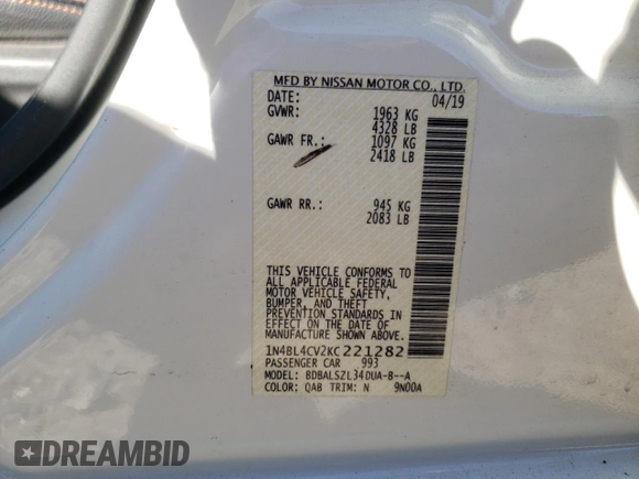 2019 Nissan Altima SR with VIN 1N4BL4CV2KC221282, listed as a Copart auction lot 47259975 with 84,608 mi miles and Salvage Title. Bid and sale history available at carsss.com. Image 12.