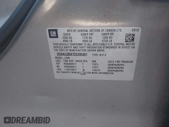 2012 Chevrolet Equinox LT w/1LT with VIN 2GNALDEK7C6305401, listed as a IAAI auction lot 41865521 with 168,235 mi miles. Bid and sale history available at carsss.com. Image 9.