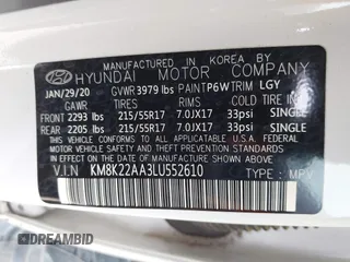 2020 Hyundai Kona SEL with VIN KM8K22AA3LU552610, listed as a IAAI auction lot 42369584 with 37,362 mi miles and . Bid and sale history available at DreamBid. Image 9.