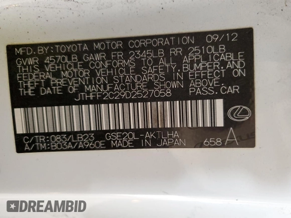 2013 Lexus IS 250 C with VIN JTHFF2C29D2527058, listed as a Copart auction lot 86412164 with 89,158 mi miles and Salvage title. Bid and sale history available at DreamBid. Image 12.