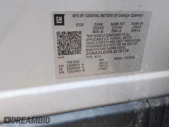 2020 Chevrolet Equinox LT with VIN 2GNAXLEX0L6119774, listed as a IAAI auction lot 41356182 with 75,740 mi miles. Bid and sale history available at carsss.com. Image 9.