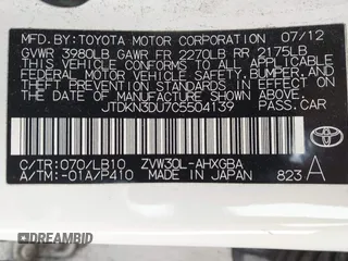 2012 Toyota Prius One with VIN JTDKN3DU7C5504139, listed as a IAAI auction lot 42110798 with 121,227 mi miles and . Bid and sale history available at DreamBid. Image 9.