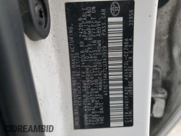 2020 Toyota Camry LE with VIN 4T1C11AK7LU343929, listed as a Copart auction lot 44159335 with 145,167 mi miles and Salvage Title. Bid and sale history available at carsss.com. Image 12.