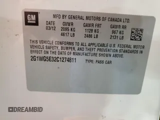 2012 Chevrolet Impala LT Fleet with VIN 2G1WG5E32C1274811, listed as a Copart auction lot 54977515 with 201,385 mi miles and Clean Title. Bid and sale history available at DreamBid. Image 12.